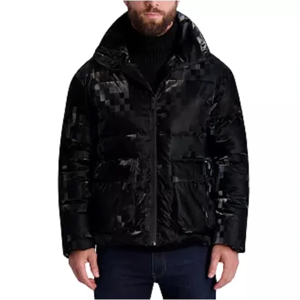 Karl Lagerfeld Paris Men's Shiny Bitmap Printed Black Down Puffer Jacket M NWOT - Picture 1 of 9